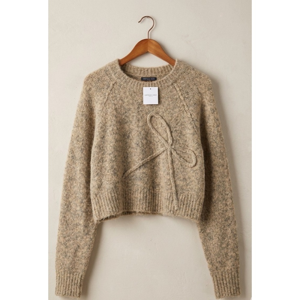 American Eagle Cropped Crew Neck Bow Sweater Womens Med Tan Brown Heathered Knit